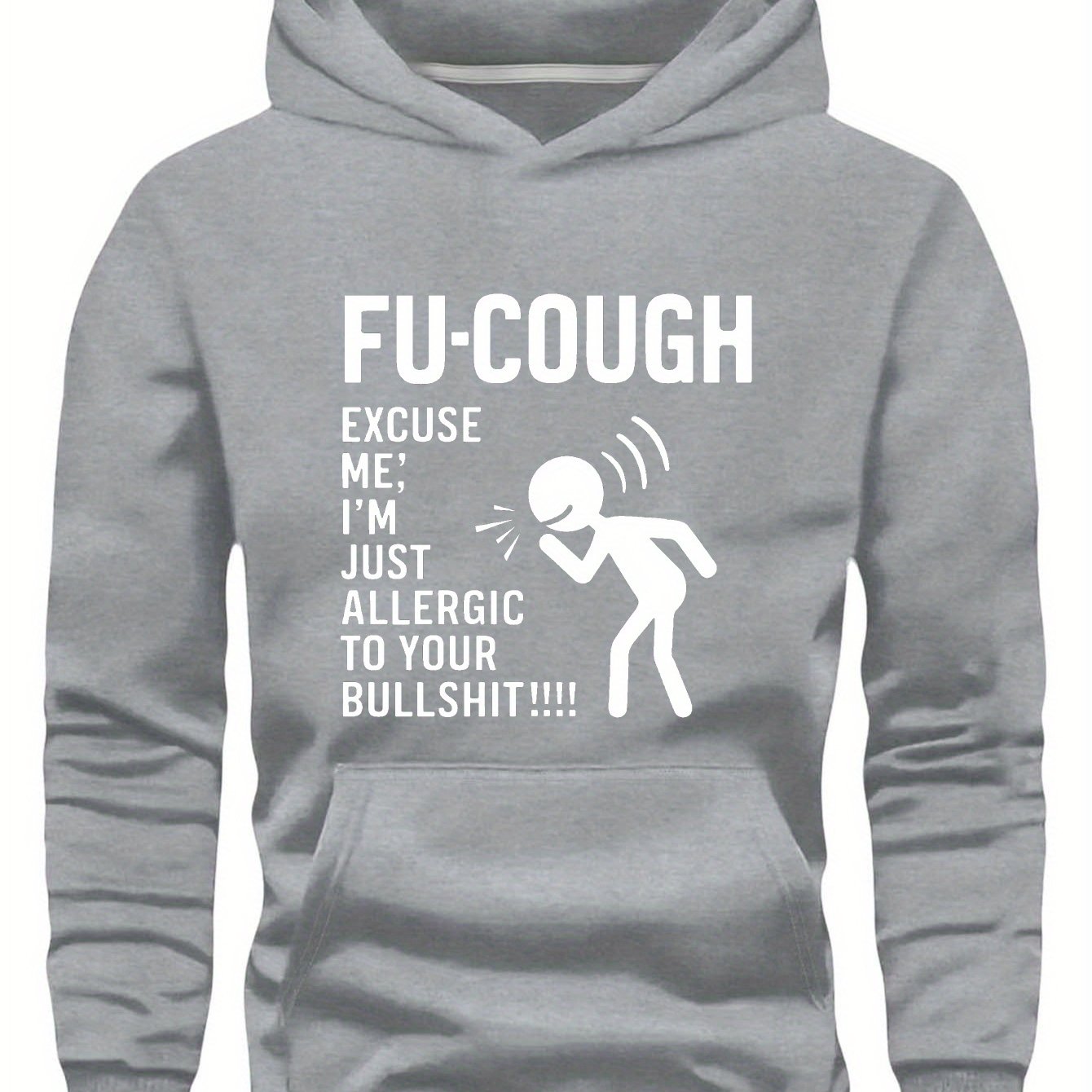 Durable, Men "FU-COUGH" Humorous Graphic Hoodie - Black Long Sleeve Casual Sweatshirt with Stick Figure Coughing Design, Polyester, Fall/Winter Wear