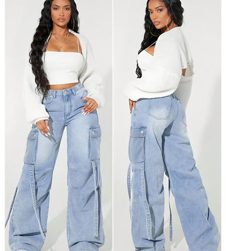 Women High Waist Wide Leg Cargo Jeans | Elastic Waistband, Multi-Pocket Design, Blue Denim Fabric, Y2K Hip-Hop Street Style, All-Season Casual Long Pants