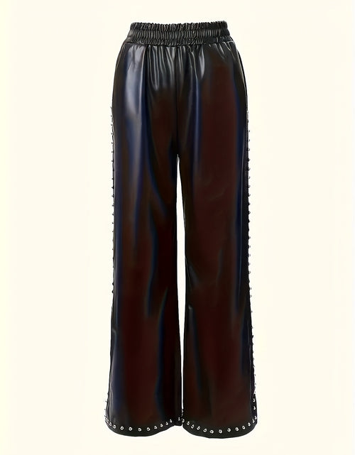 Load image into Gallery viewer, Stylish Faux Leather Women High-Waisted Wide Leg Pants with Beaded Details and Slit Hem
