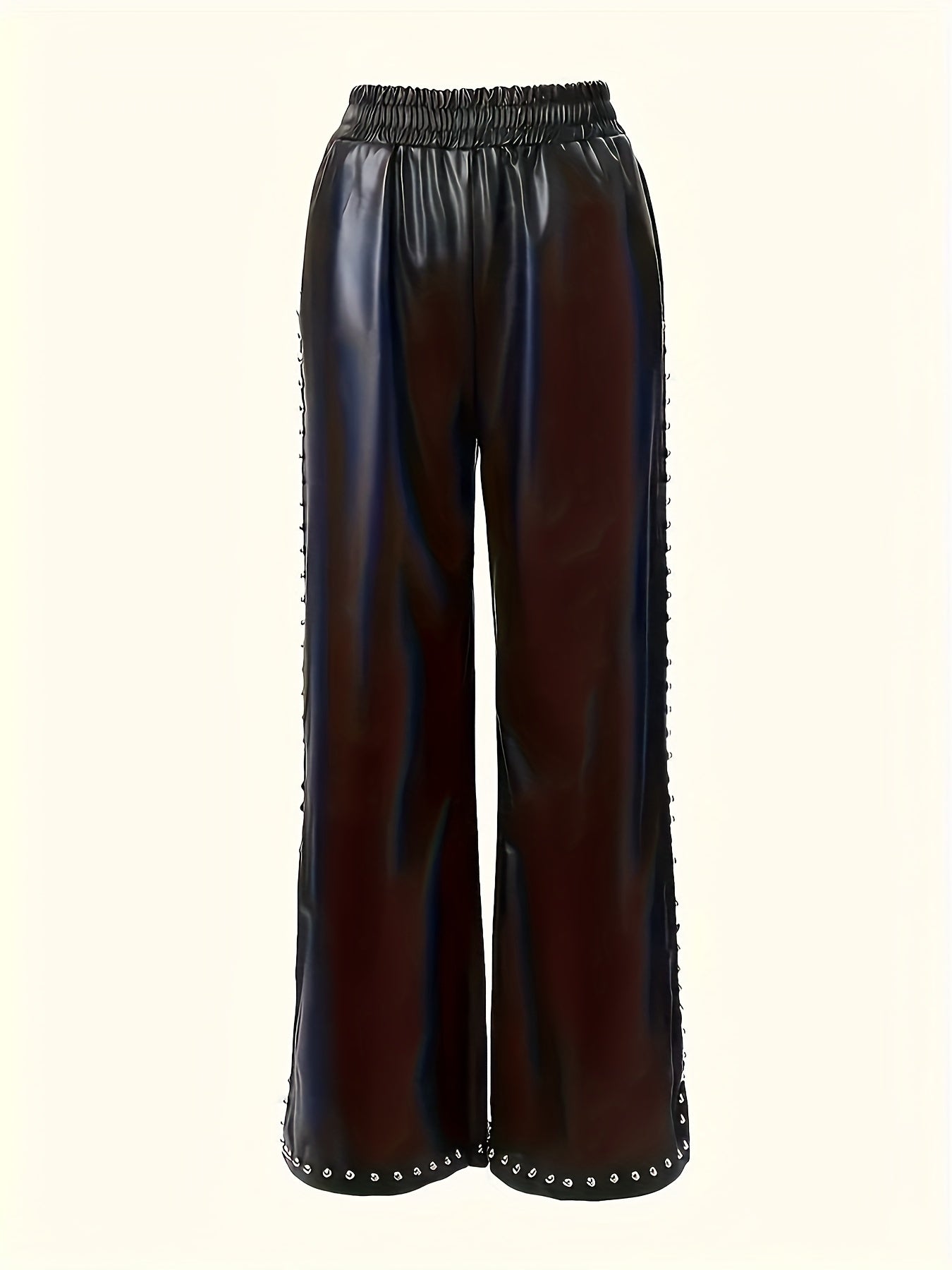 Stylish Faux Leather Women High-Waisted Wide Leg Pants with Beaded Details and Slit Hem