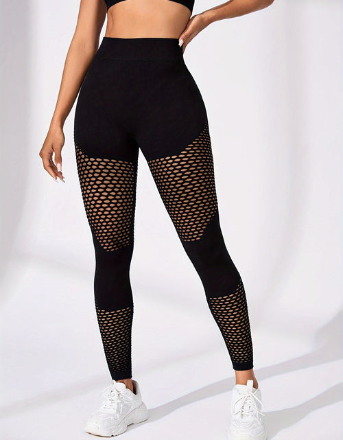 Load image into Gallery viewer, High-Waist Breathable Compression Yoga Pants - Women&#39;s Mesh Panel, Tummy Control, Knitted Fabric, Hollow Design, Solid Color
