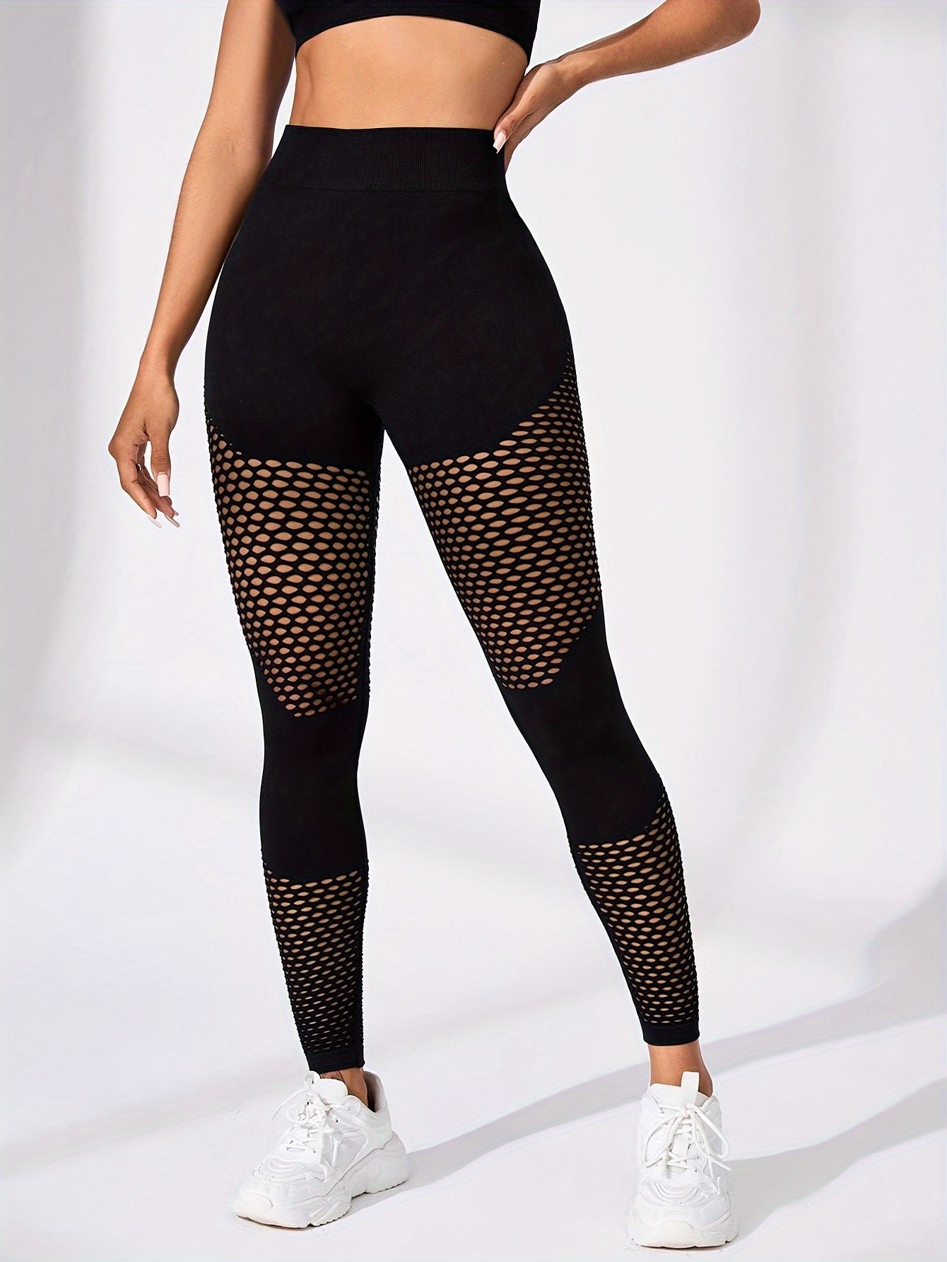 High-Waist Breathable Compression Yoga Pants - Women's Mesh Panel, Tummy Control, Knitted Fabric, Hollow Design, Solid Color