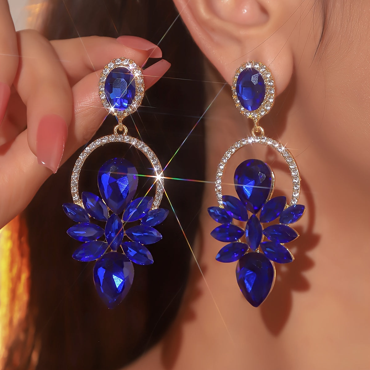 Hollow Circle Colorful Shiny Rhinestone Floral Dangle Earrings Elegant Luxury Style Earrings