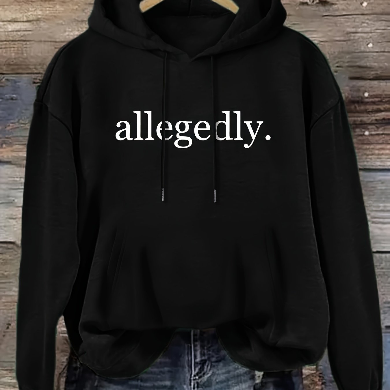 Women's Black Hoodie with Allegedly Text Print - Soft Fleece-Lined Pullover Sweatshirt, Kangaroo Pocket & Loose Fit for Everyday Winter and Fall Outfits - Machine Washable