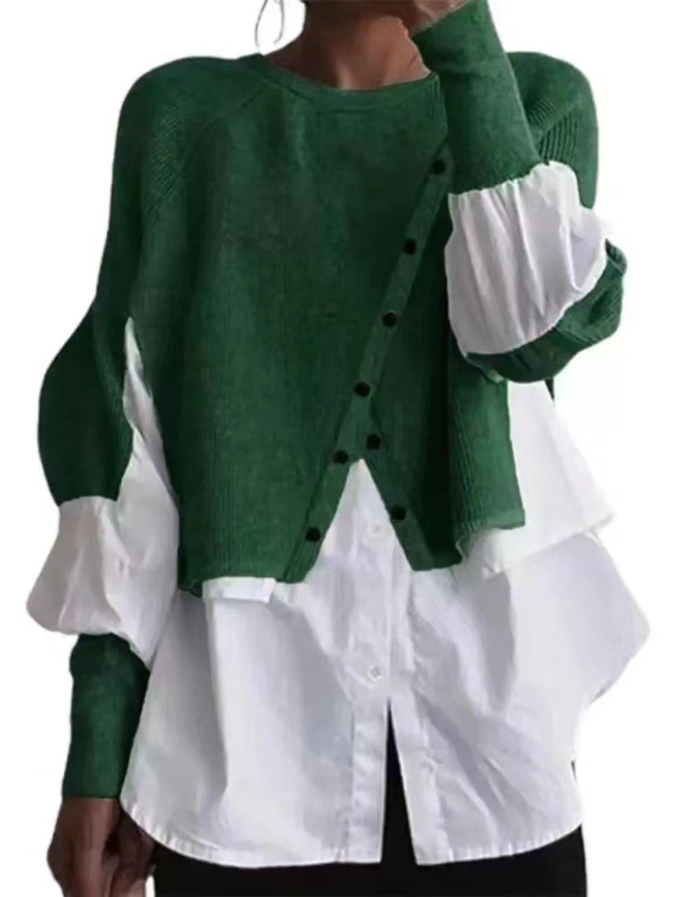 Elegant Two-Piece Sweater Shirt with Puffed Sleeves & Button Front - Long Sleeve Round Neck All-Season Machine Washable Solid Color Outerwear