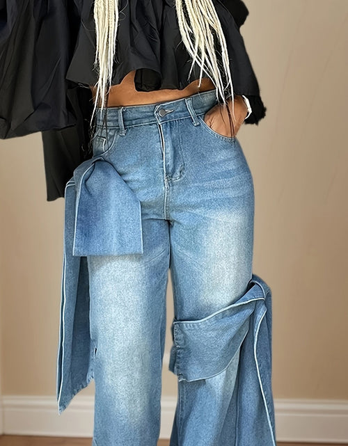 Load image into Gallery viewer, Blue Wide Leg Jeans with Bow-Tie Design Casual All-Season Polyester Blend Denim Pants with Slight Stretch for Comfort
