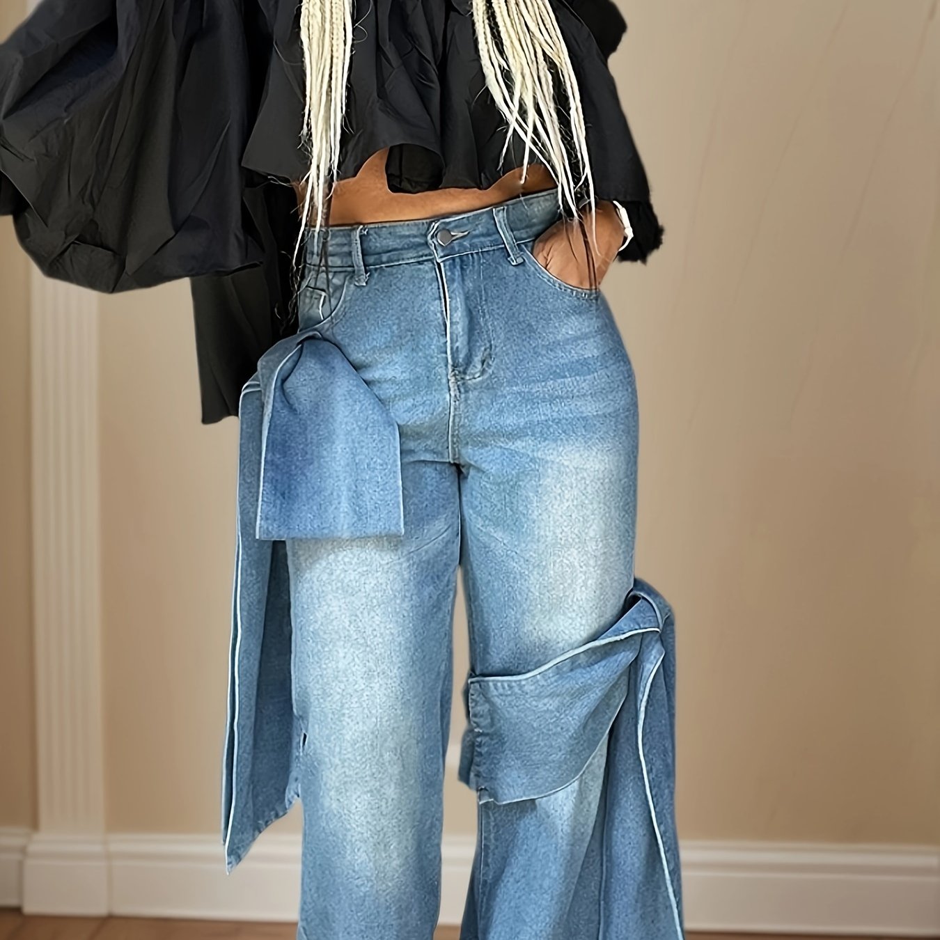 Blue Wide Leg Jeans with Bow-Tie Design Casual All-Season Polyester Blend Denim Pants with Slight Stretch for Comfort
