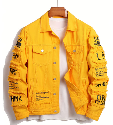 Men's Heavyweight Denim Jacket - Oversized Retro Streetwear Coat with 3D Patchwork Design, Single-Button Closure, Machine Washable, 4-Pocket Construction (Yellow/Black)