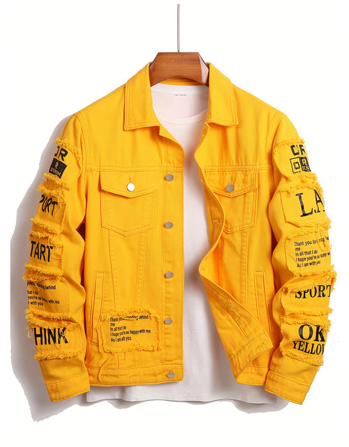 Load image into Gallery viewer, Men&#39;s Heavyweight Denim Jacket - Oversized Retro Streetwear Coat with 3D Patchwork Design, Single-Button Closure, Machine Washable, 4-Pocket Construction (Yellow/Black)
