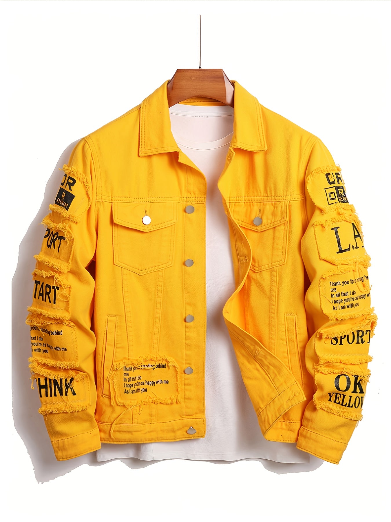 Men's Heavyweight Denim Jacket - Oversized Retro Streetwear Coat with 3D Patchwork Design, Single-Button Closure, Machine Washable, 4-Pocket Construction (Yellow/Black)