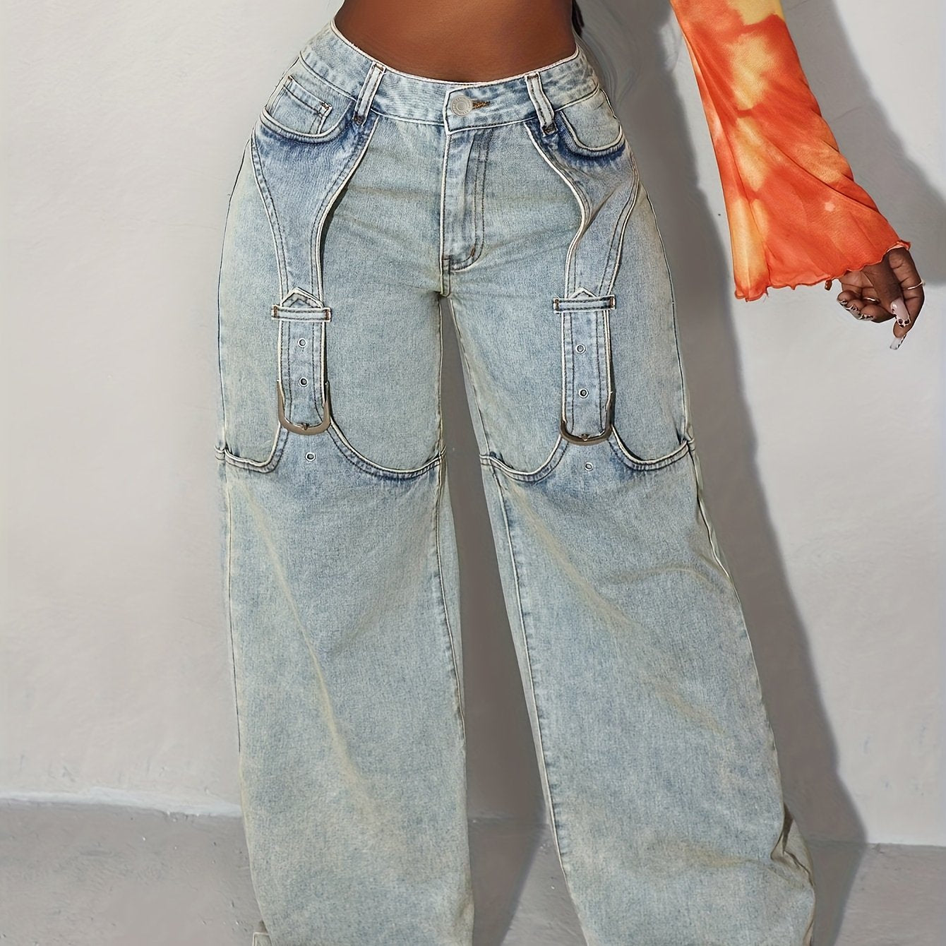 Women Vintage Cargo Jeans - Slim Fit High-Quality Denim with Multiple Pockets, Button Details & Built-In Zipper Closure, Machine Washable All-Season Casual Pants, Casual Attire, Relaxed Fit Pants, Durable Denim Fabric, Functi