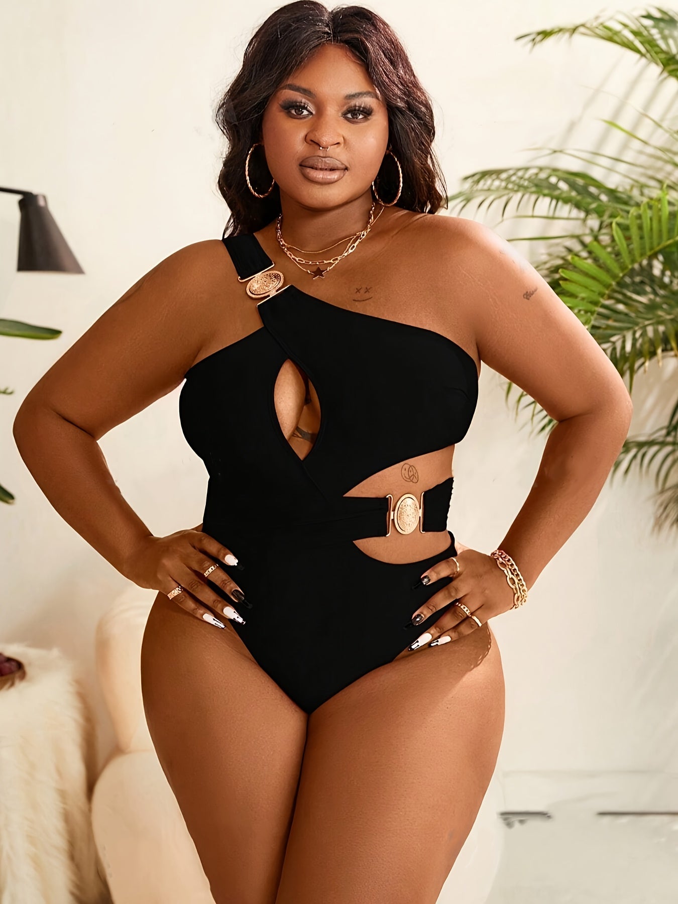 Sexy One-Piece Swimsuit Women's Plus Size Sexy One-Piece Swimsuit | High Elasticity Solid Color Black with Removable Chest Pads | High Waisted Swimsuit