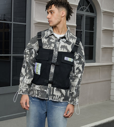 Trendy High Street Denim Jacket for Men with a Lapel And Spliced Design,