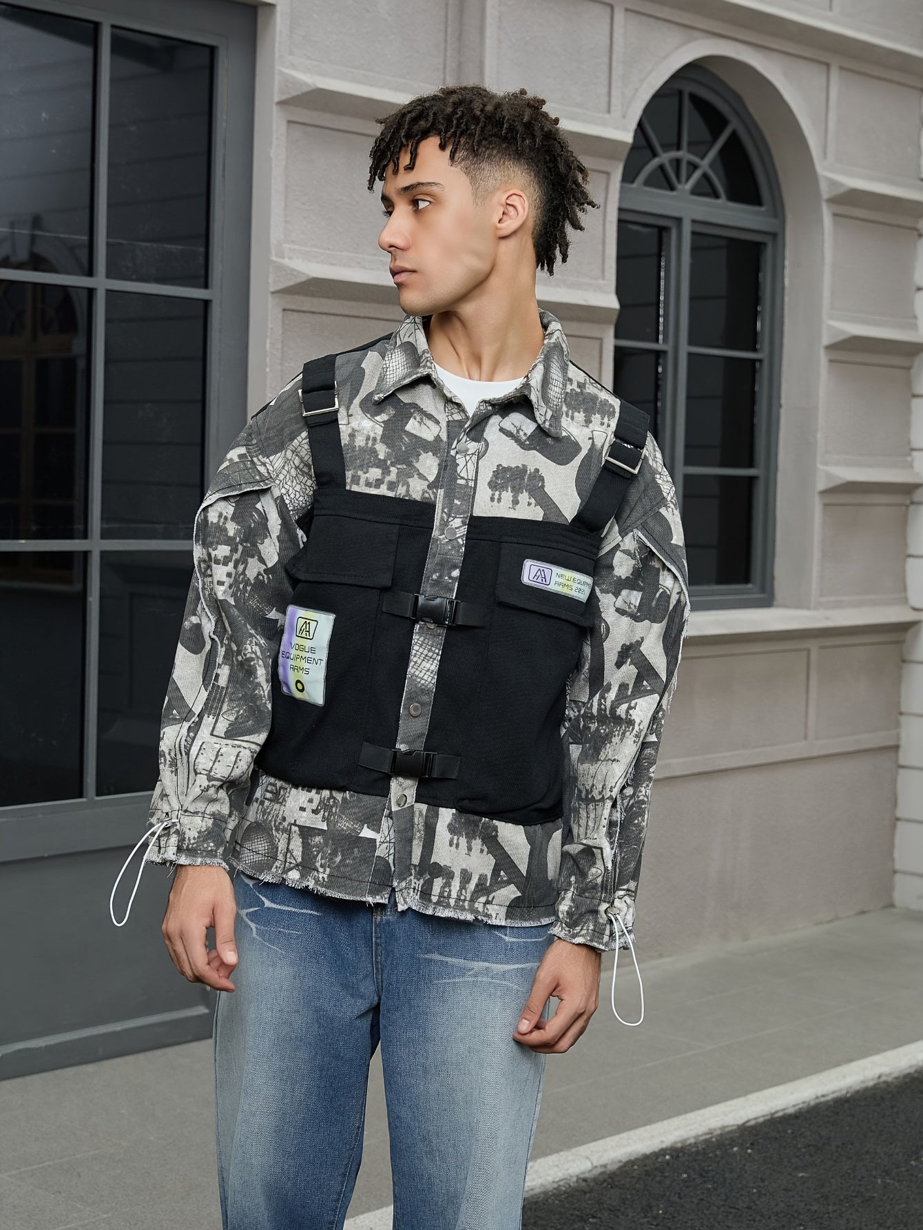 Trendy High Street Denim Jacket for Men with a Lapel And Spliced Design,