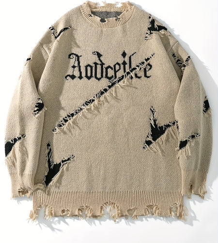 Men's  Long Sleeve Pullover Sweater - Relaxed Fit Drop Shoulder, Distressed Letter Embroidery & Ripped Details, Medium Elasticity Fabric