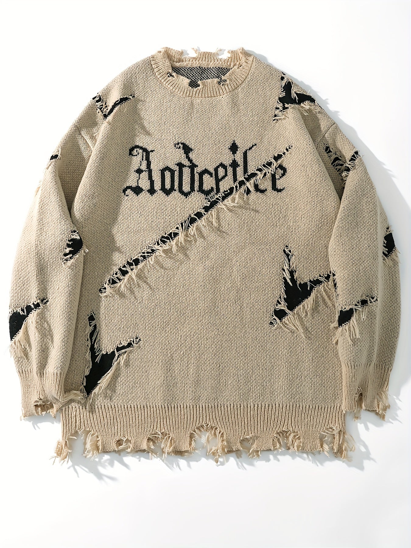 Men's  Long Sleeve Pullover Sweater - Relaxed Fit Drop Shoulder, Distressed Letter Embroidery & Ripped Details, Medium Elasticity Fabric