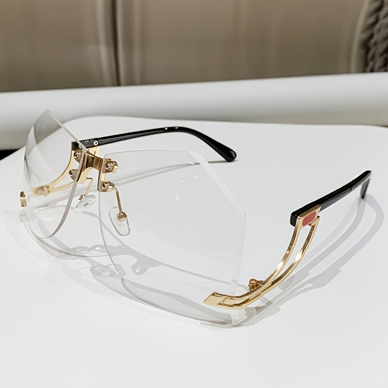 Frameless Oversized Fashion Glasses for Women - Gradient Pink to Clear Lenses, Hollow-Out Temple Arms, Protection & Anti-Glare Coating, Luxury Fashion Accessories
