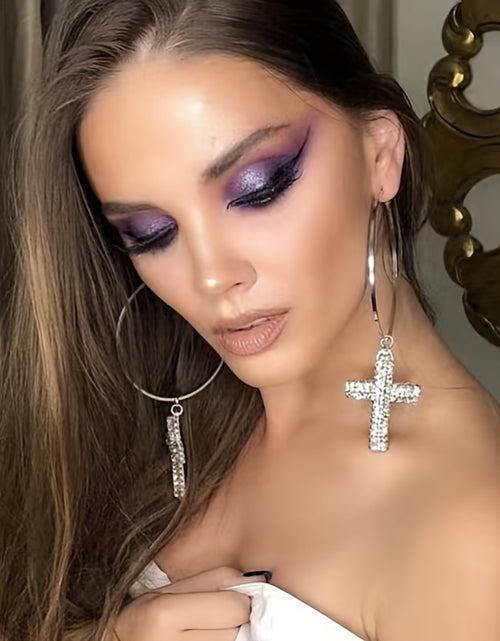 Load image into Gallery viewer, 1 Pair Elegant Cross Earrings Rhinestone Hoop Earrings, Bohemian Alloy Glittering Large Dangle Earrings,

