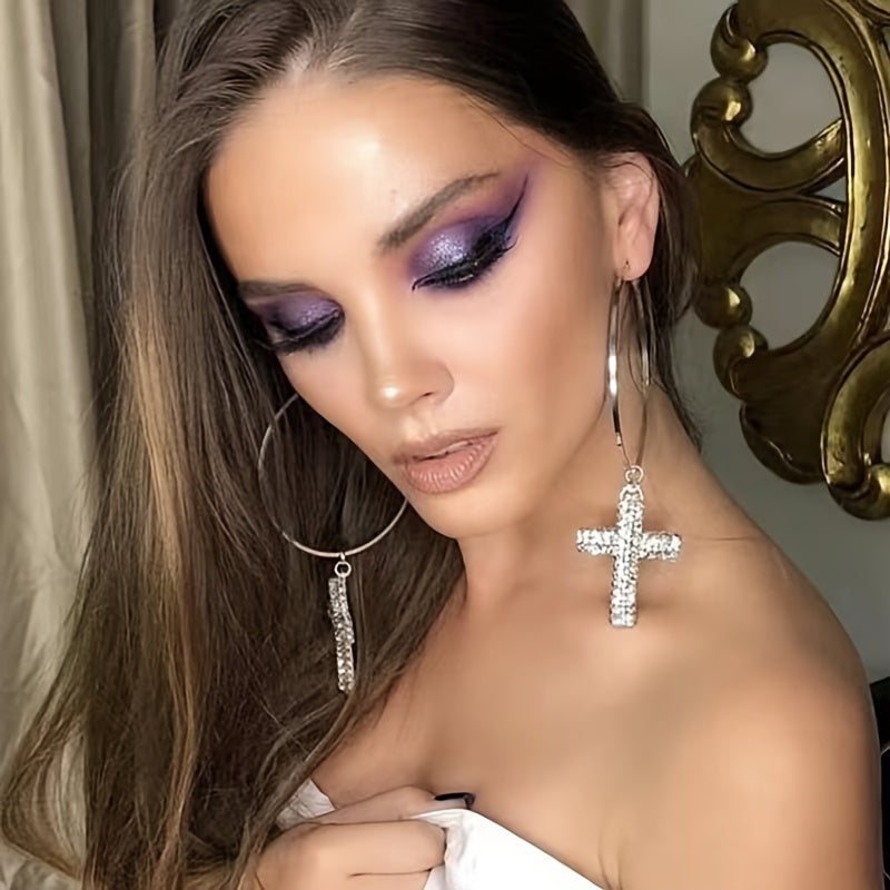 1 Pair Elegant Cross Earrings Rhinestone Hoop Earrings, Bohemian Alloy Glittering Large Dangle Earrings,