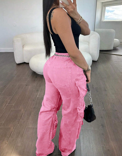 Load image into Gallery viewer, Women Cargo Jeans High Waisted Cargo Pants Y2k Baggy Wide Leg Denim Trousers With Flap Pockets
