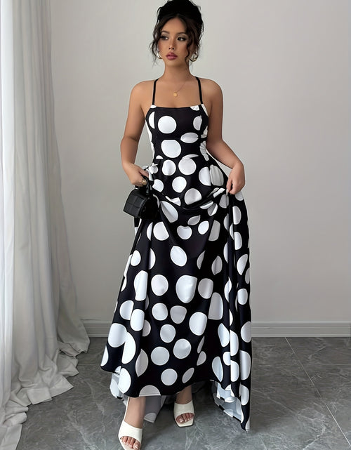 Load image into Gallery viewer, Women Sleeveless Black and White Polka Dot Maxi Dress with Tie Back Detail - Perfect for Spring/Summer/Fall, Vacation Style, Regular Fit, ,Flared Hem, Adult Size, Vacation Attire |Flared Hemline |Backless Dress
