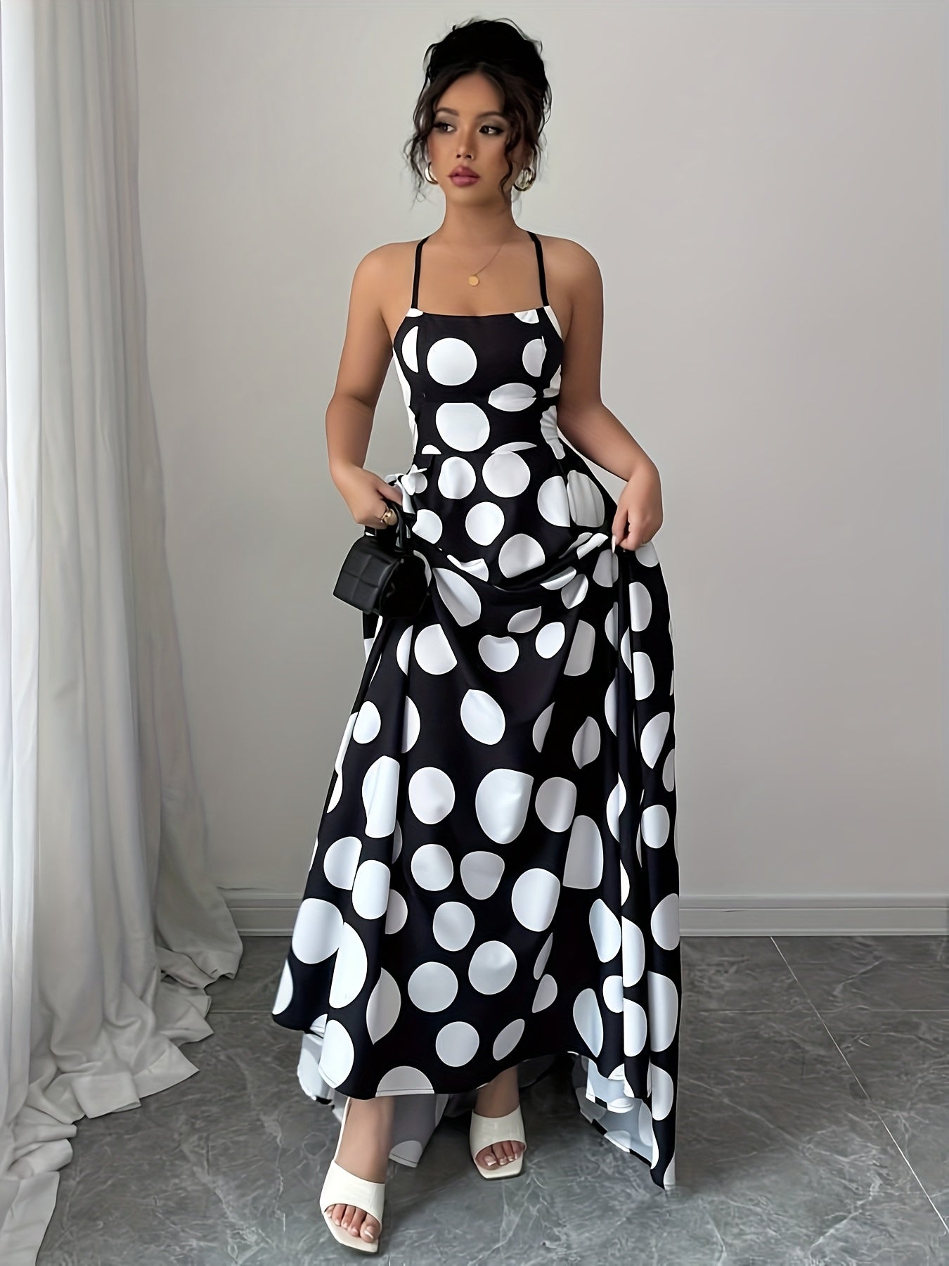 Women Sleeveless Black and White Polka Dot Maxi Dress with Tie Back Detail - Perfect for Spring/Summer/Fall, Vacation Style, Regular Fit, ,Flared Hem, Adult Size, Vacation Attire |Flared Hemline |Backless Dress