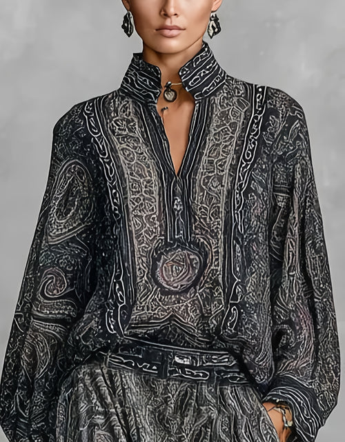 Load image into Gallery viewer, Women Elegant Vintage Paisley Print Chiffon Long-Sleeve Top with a Stand Collar, Paired with Loose-Fitting Wide-Leg Pants for Casual Everyday Wear

