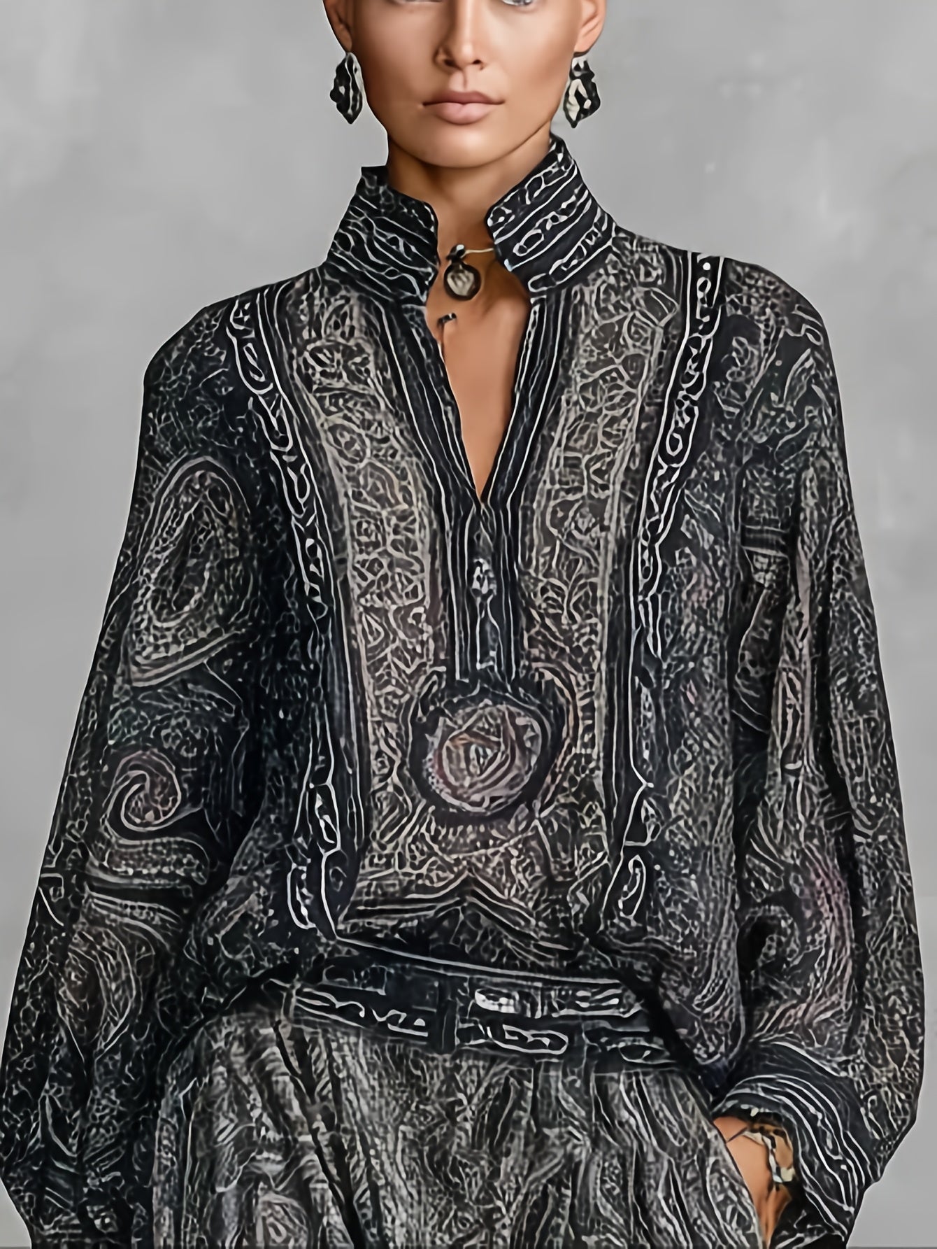 Women Elegant Vintage Paisley Print Chiffon Long-Sleeve Top with a Stand Collar, Paired with Loose-Fitting Wide-Leg Pants for Casual Everyday Wear