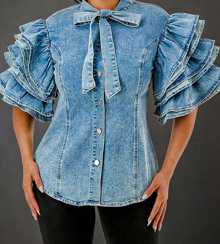 Women Denim Blouse - Bow Neck with Tiered Ruffle Sleeves | Casual Chic Fit for Weekend Brunch, Coffee Dates & Shopping Trips | Versatile Styling for Everyday Looks, Gatherings & Errands