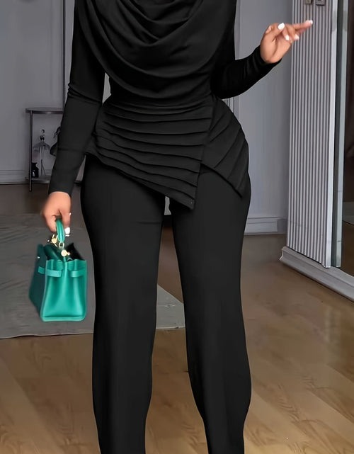 Load image into Gallery viewer, Plus Size - Women Plus Size Two-Piece Set - Cinched Waist Top &amp; Flared Pants, Solid Color, Asymmetrical Design, Casual Style, Crew Neck, Slight Stretch Fabric
