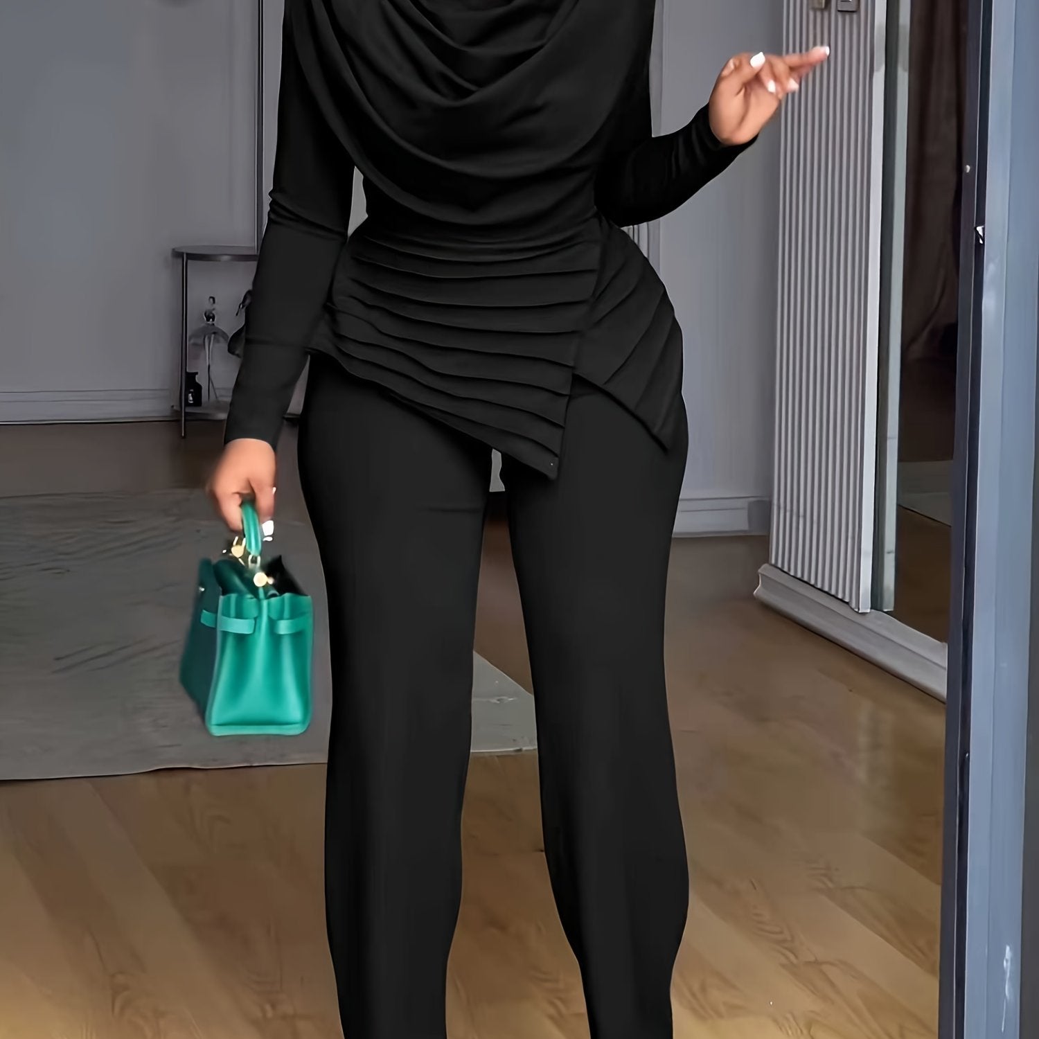 Plus Size - Women Plus Size Two-Piece Set - Cinched Waist Top & Flared Pants, Solid Color, Asymmetrical Design, Casual Style, Crew Neck, Slight Stretch Fabric