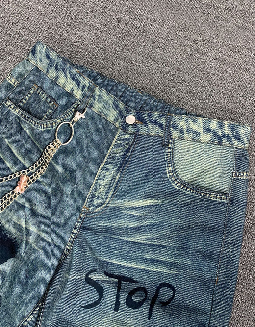 Load image into Gallery viewer, Men&#39;s Streetwear Wide-Leg Floor-Length Oversized Jeans - High-Waisted Elastic Waist Trousers with Letter Print (Stop/Go/Up//Yes/No) &amp; Pocket Design -
