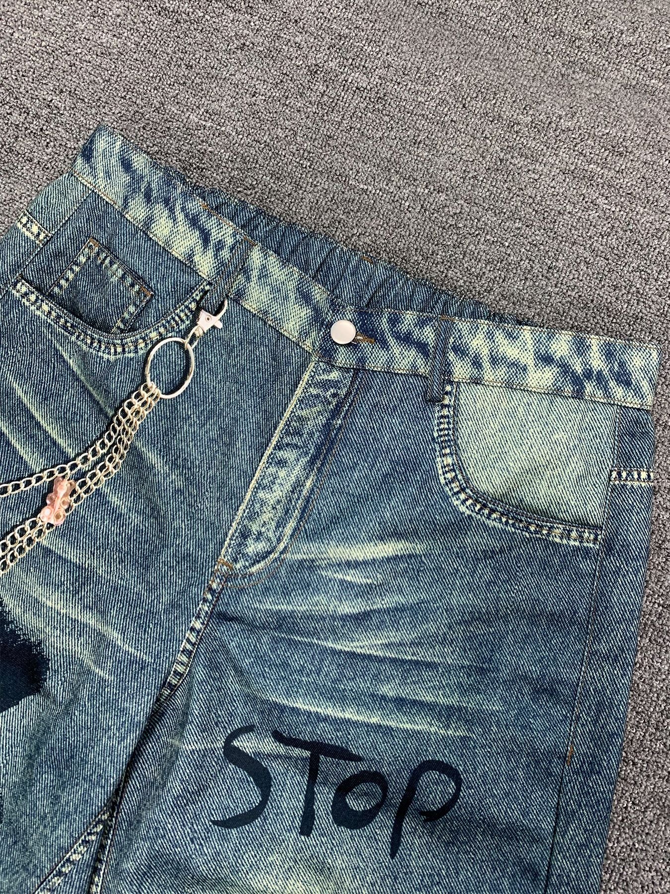 Men's Streetwear Wide-Leg Floor-Length Oversized Jeans - High-Waisted Elastic Waist Trousers with Letter Print (Stop/Go/Up//Yes/No) & Pocket Design -