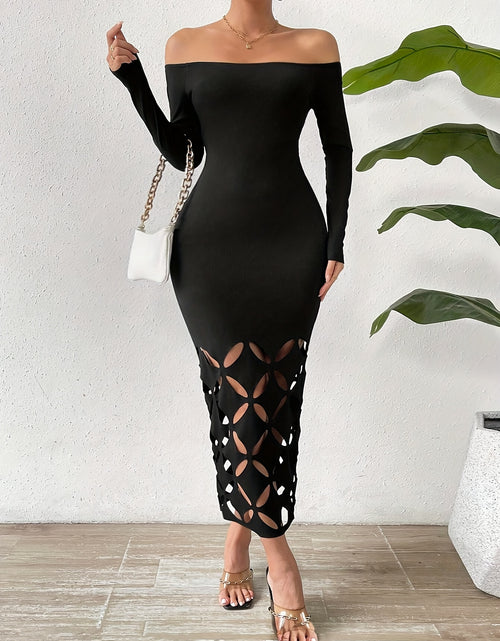 Load image into Gallery viewer, Women&#39;s Off-Shoulder Long Sleeve Bodycon Dress - Solid Color with Hollow Cut-Out Details, Stretchy Knit Fabric, Machine Washable, Spring/Summer Casual to Evening Wear
