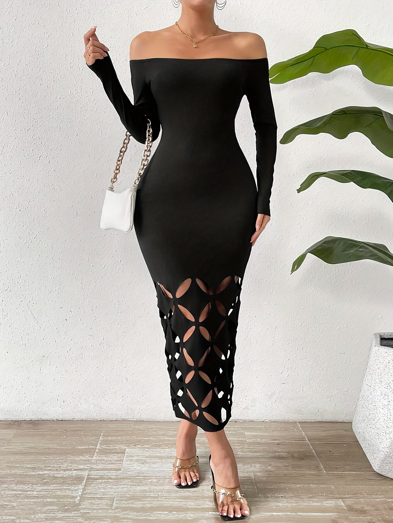 Women's Off-Shoulder Long Sleeve Bodycon Dress - Solid Color with Hollow Cut-Out Details, Stretchy Knit Fabric, Machine Washable, Spring/Summer Casual to Evening Wear