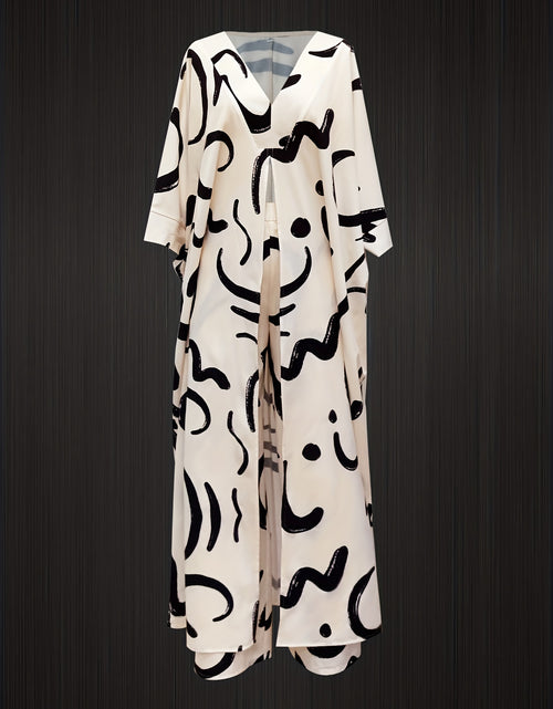 Load image into Gallery viewer, Printed Women Pant Set with V-Neck Loose Seven-Sleeve Long Shirt and Drawstring Pants
