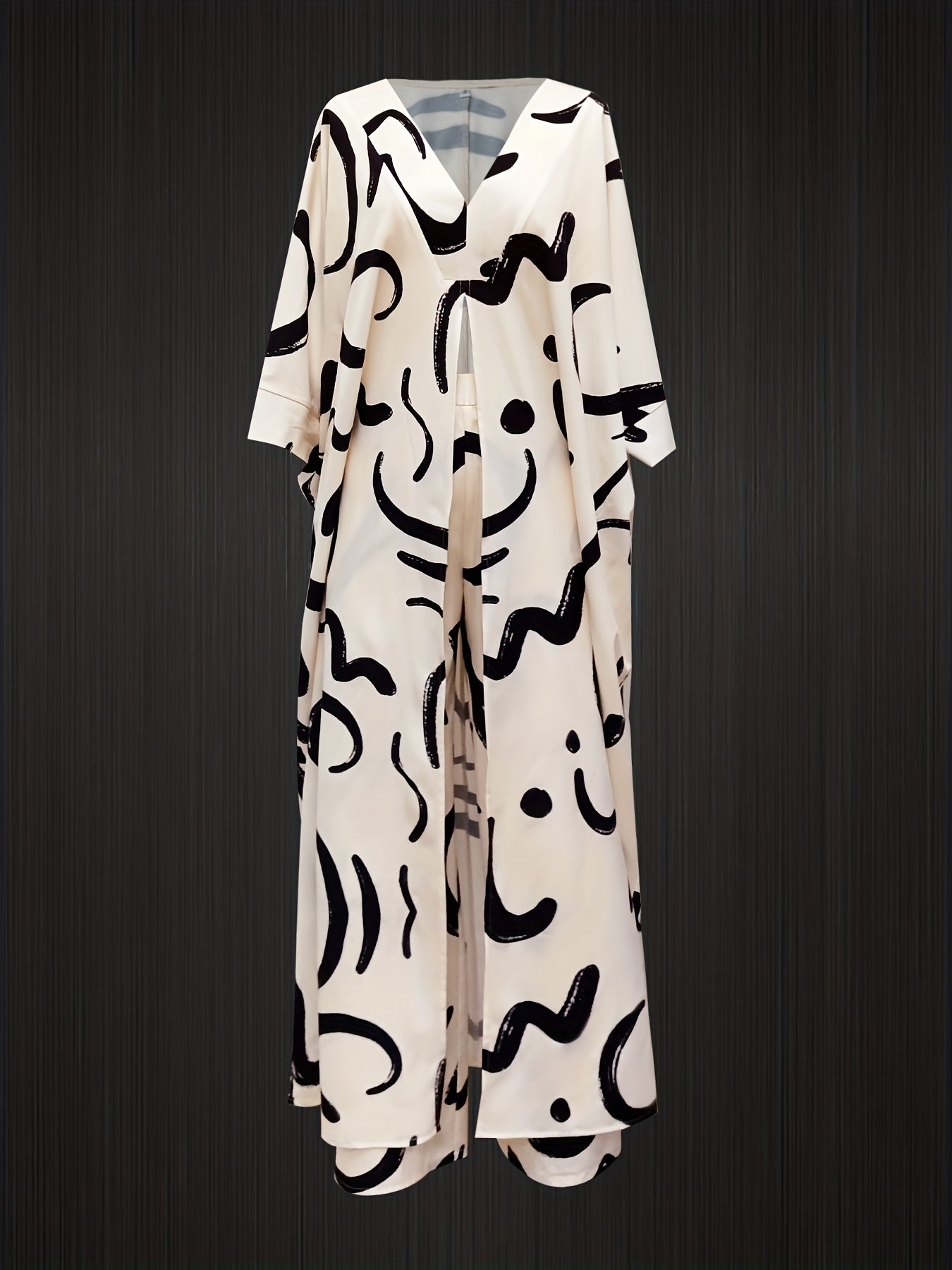 Printed Women Pant Set with V-Neck Loose Seven-Sleeve Long Shirt and Drawstring Pants