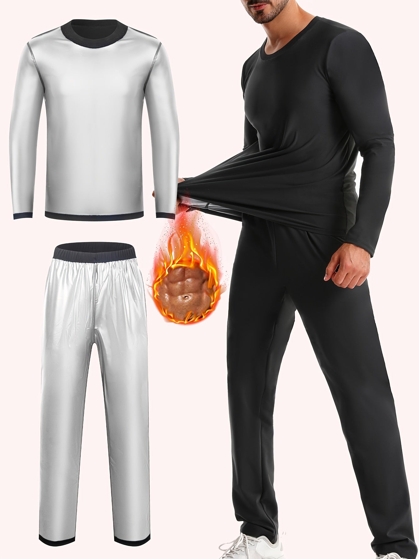 Men's 2pcs Sweat Suit,  Knit Fabric, Crew Neck Long Sleeve & Pants, Quick Sweat Gym Workout Outfit, Universal Fit for Training & Yoga, Solid Color, Slight Stretch, All Seasons