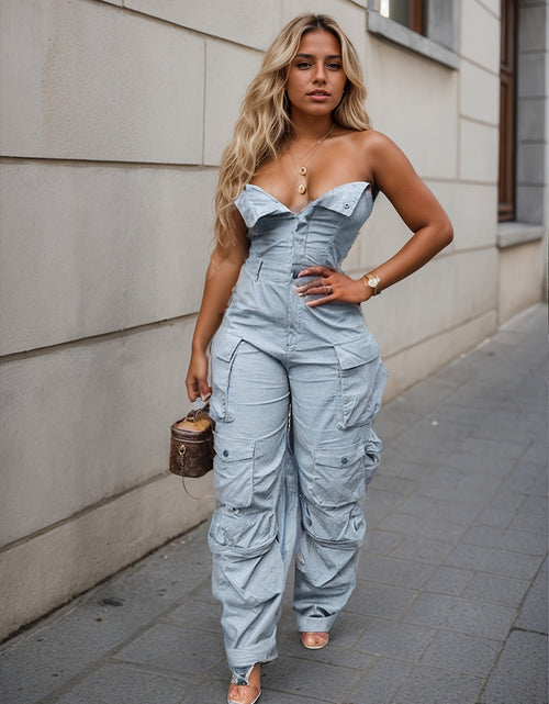 Load image into Gallery viewer, [Powder Blue Jumpsuit] Stretchy Denim Corset Top Jumpsuit | Powder Blue, Utility Pockets &amp; Belted Waist, for Street Style/Outings/Casual
