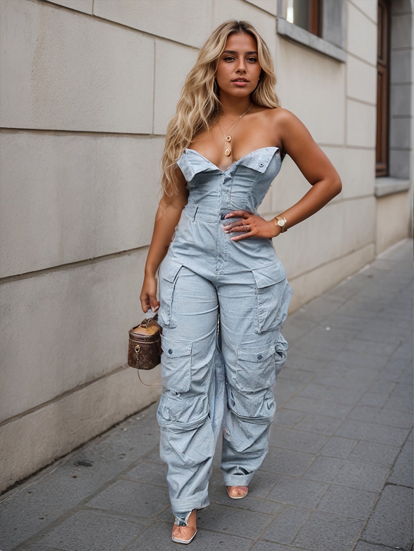 [Powder Blue Jumpsuit] Stretchy Denim Corset Top Jumpsuit | Powder Blue, Utility Pockets & Belted Waist, for Street Style/Outings/Casual