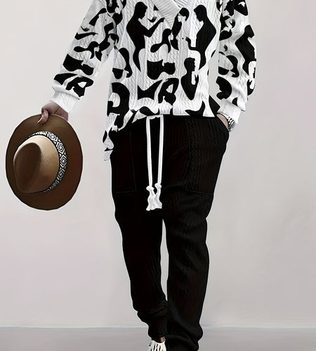 Men Stylish Black and White Cow Print Long Sleeve Sweater & Pants Set - V-Neck, Drawstring Waist, Comfortable Polyester Blend, Perfect for Fall/Winter, Casual V neck Sweater Polyester Blend
