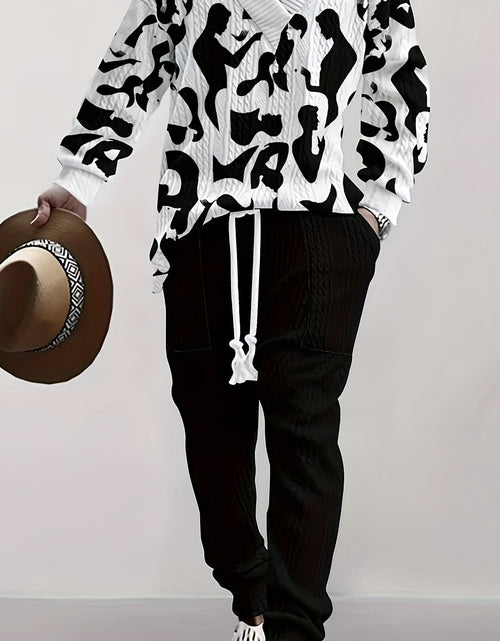 Load image into Gallery viewer, Men Stylish Black and White Cow Print Long Sleeve Sweater &amp; Pants Set - V-Neck, Drawstring Waist, Comfortable Polyester Blend, Perfect for Fall/Winter, Casual V neck Sweater Polyester Blend
