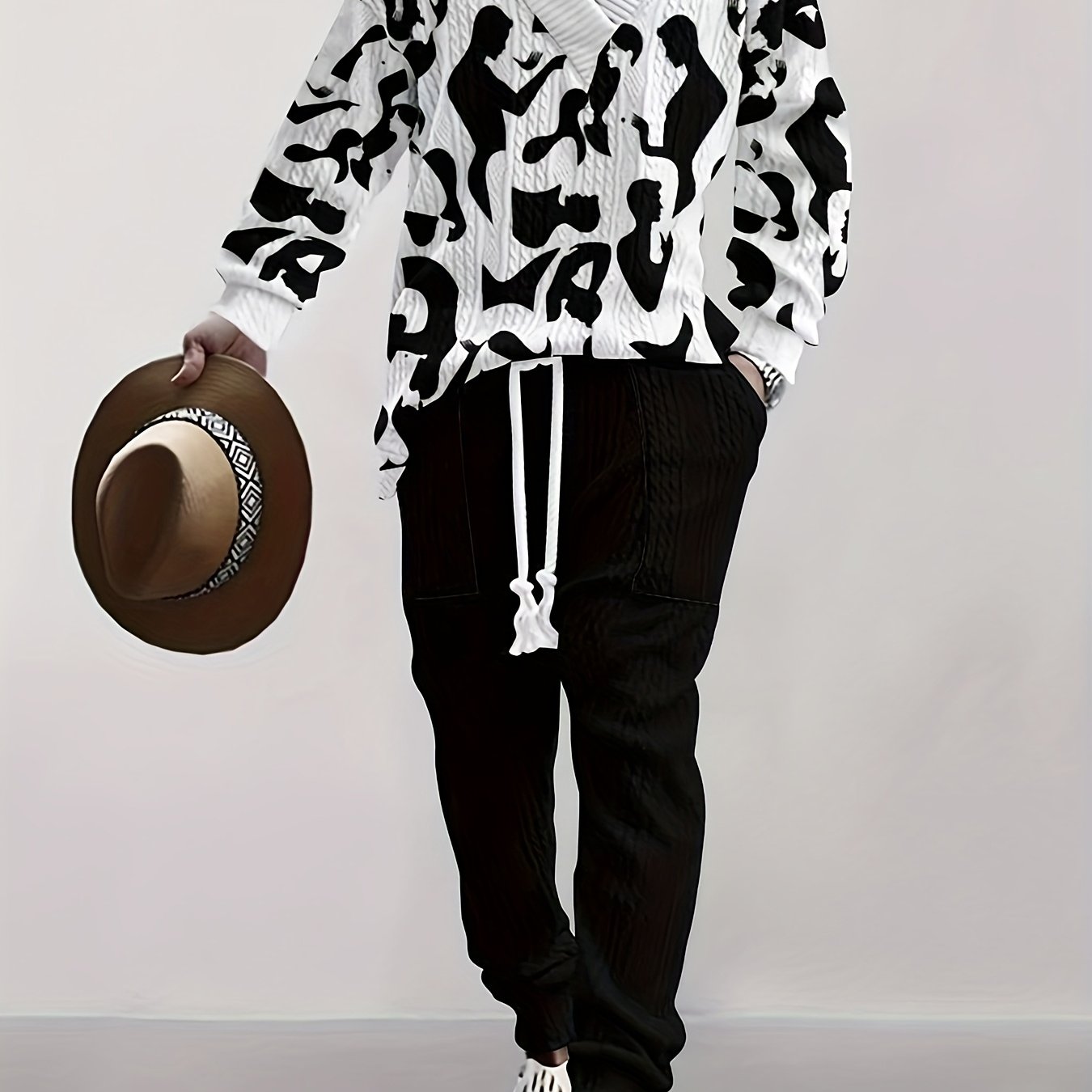 Men Stylish Black and White Cow Print Long Sleeve Sweater & Pants Set - V-Neck, Drawstring Waist, Comfortable Polyester Blend, Perfect for Fall/Winter, Casual V neck Sweater Polyester Blend