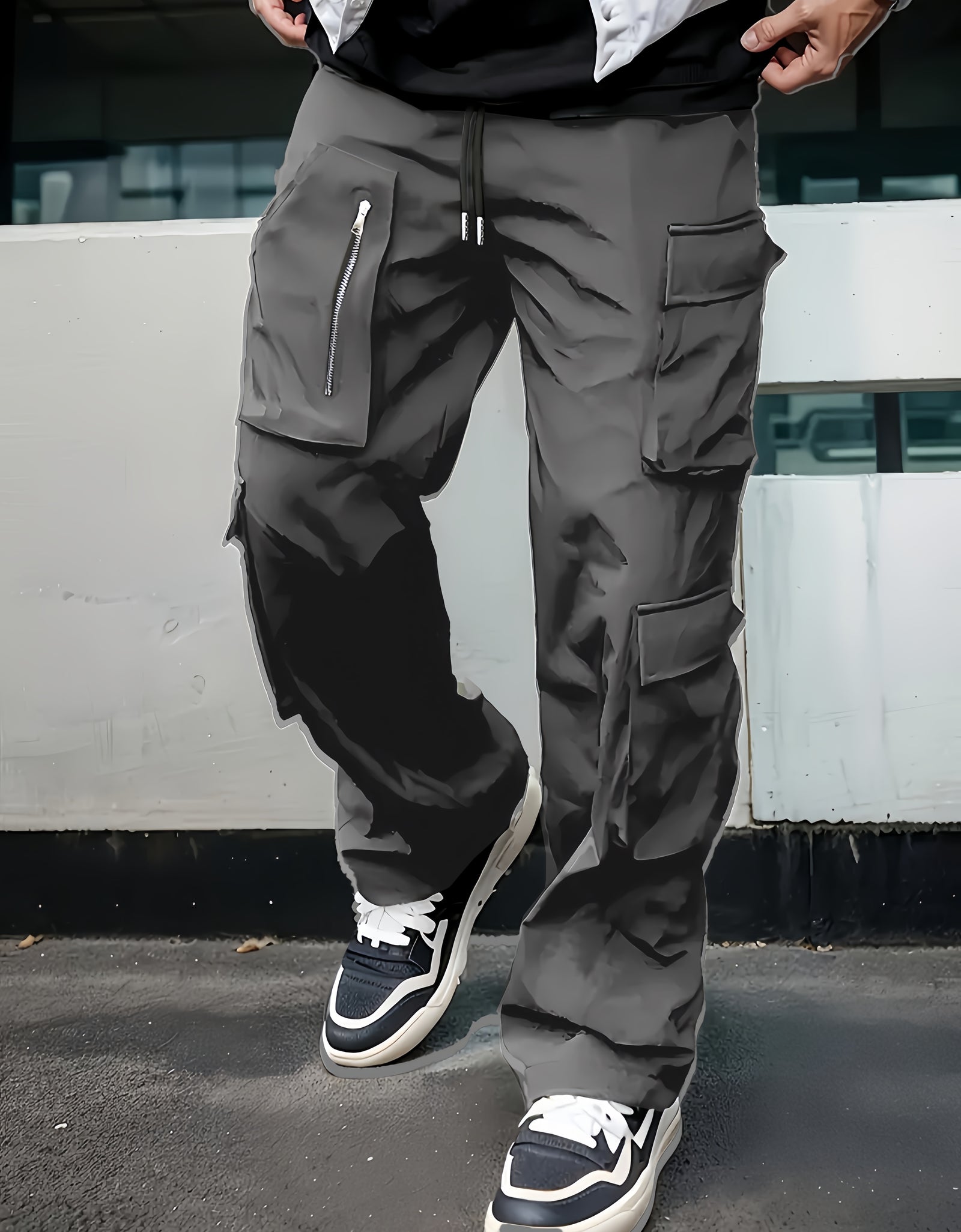 Men Casual Cargo Pants -  Multi-Pocket, Drawstring Waist, Loose Fit, Non-Stretch Polyester