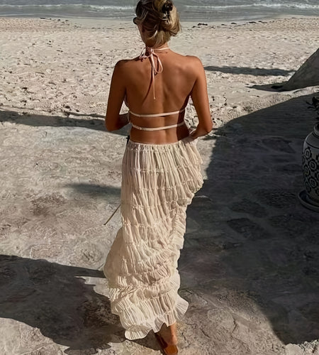 Two-Piece Women Romantic Gorgeous Simple Elegant Vacation Solid Color Sexy Backless Halter Halter Strap Lace Lace Vest Long Dress Set