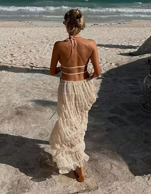 Load image into Gallery viewer, Two-Piece Women Romantic Gorgeous Simple Elegant Vacation Solid Color Sexy Backless Halter Halter Strap Lace Lace Vest Long Dress Set
