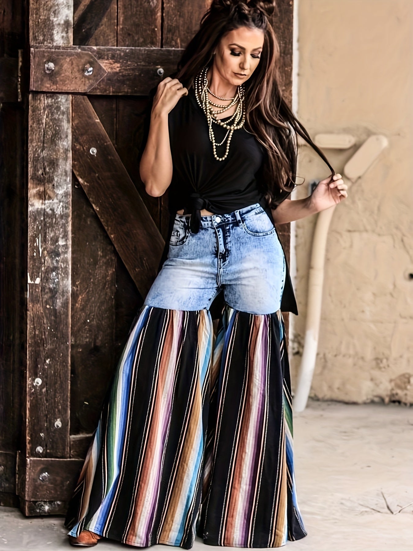 Women's Patchwork Jeans, Street Distressed Patchwork Flared Wide-leg Pants