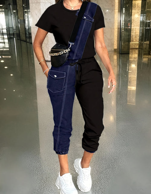 Load image into Gallery viewer, Ladies&#39; Spring/Summer Casual Color blocked Short sleeved Pants Set  Round neck Short sleeved Top and Drawstring Pants Elegant and Loose,
