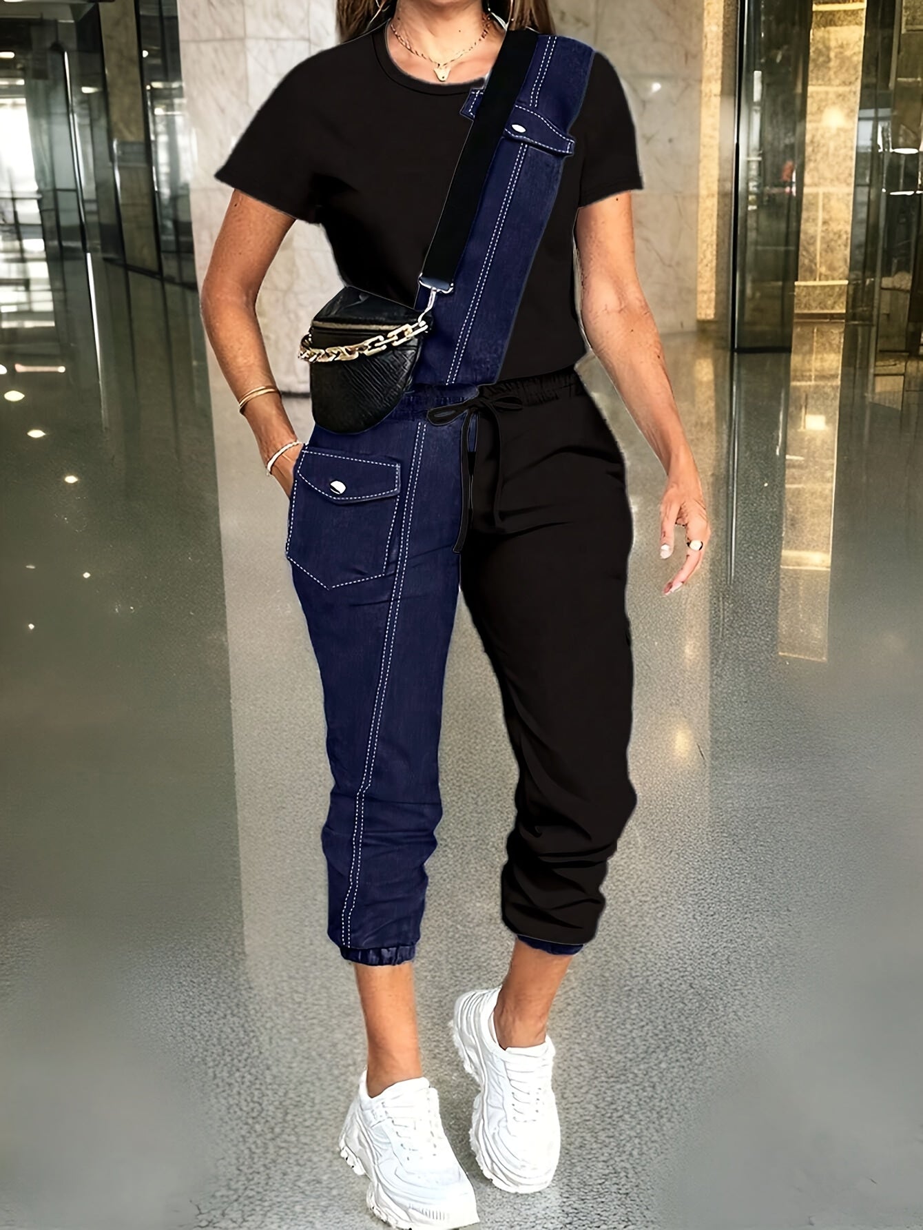 Ladies' Spring/Summer Casual Color blocked Short sleeved Pants Set  Round neck Short sleeved Top and Drawstring Pants Elegant and Loose,