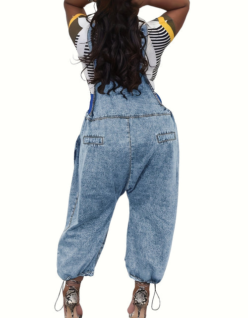 Load image into Gallery viewer, Women&#39;s High-Waisted Bib Denim Overalls Jumpsuit - Loose Wide-Leg Jeans with Cargo Pockets, Adjustable Straps &amp; Metal Buckles, 98% Cotton, Machine Washable for Casual Streetwear
